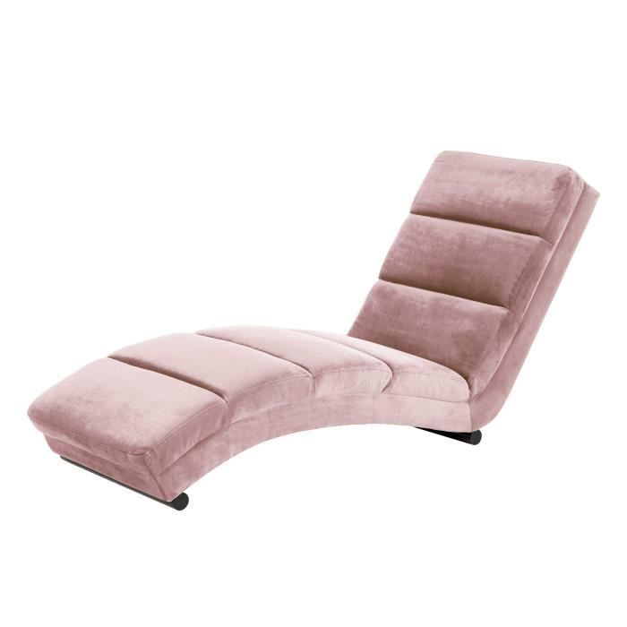 charmante chaise longue slick pour se détendre, fabriquée en métal noir thermolaqué et recouverte d'un rembourrage en tissu rose.