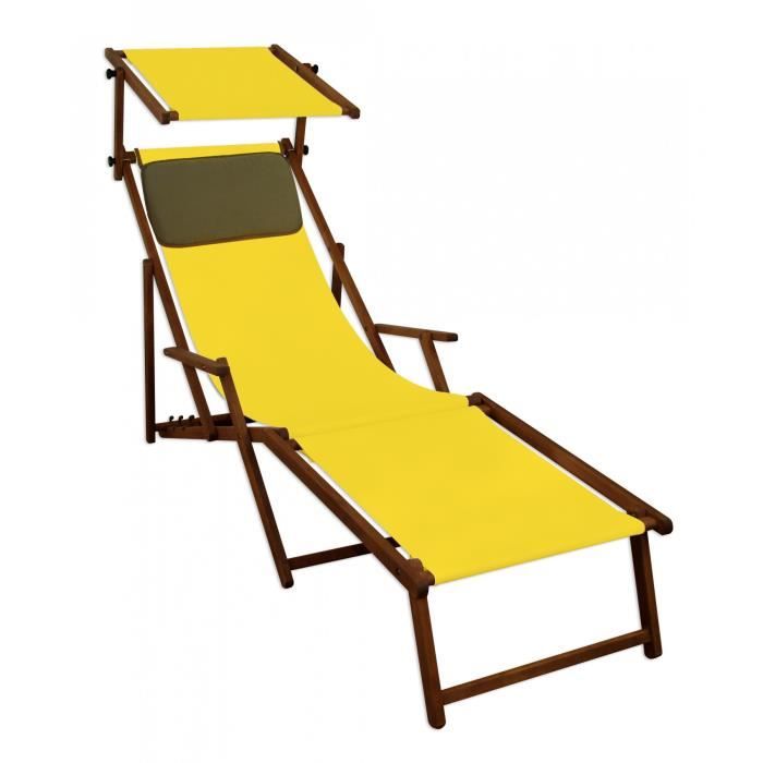 chaise longue de jardin jaune pliante avec repose-pieds, pare-soleil et oreiller 10-302fskd