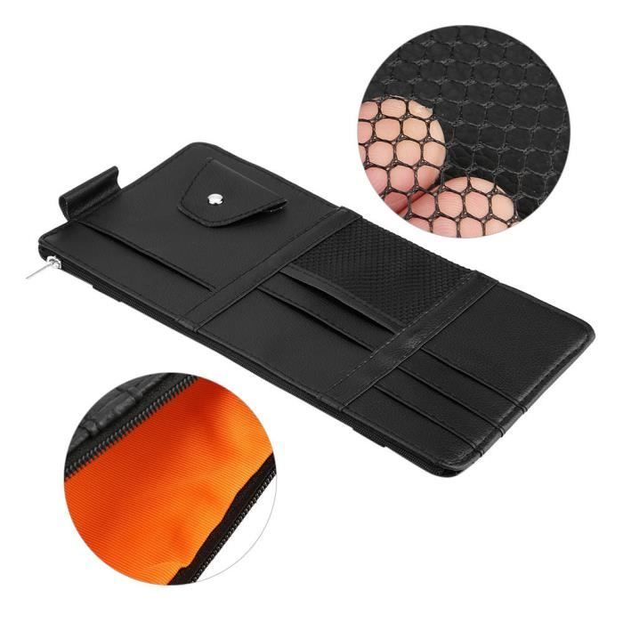 CGEAMDY Organisateur De Pare-Soleil Voiture En Cuir - Pochette Rangement Avec Fermeture Éclair Pour Cartes, Permis, Lunettes Et Documents (Noir)