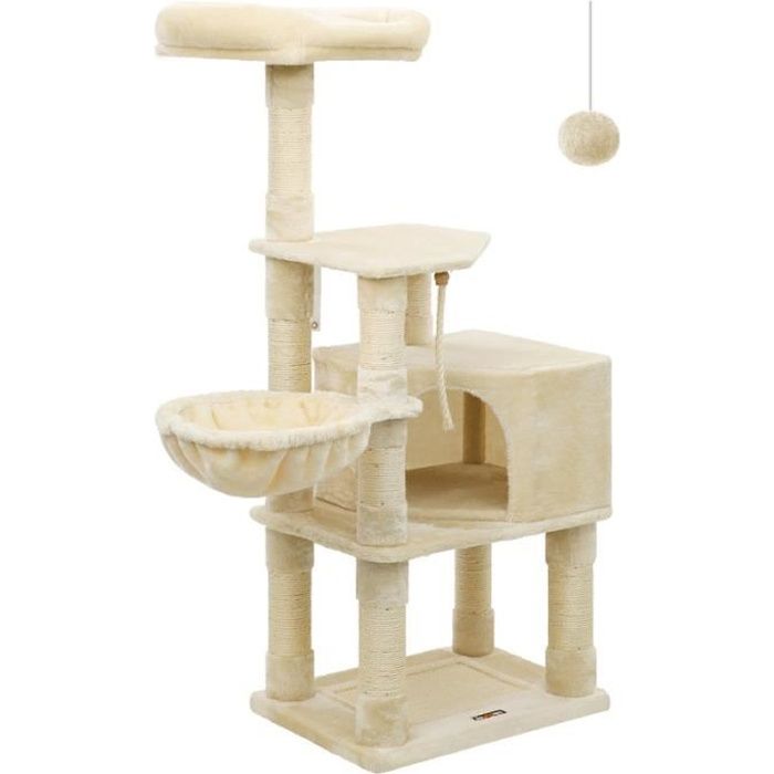 Comparer les prix de Arbre à Chat Hauteur 138 cm, avec Base et 9 Poteaux à Griffer, 1 Plateforme, 1 Niche, 1 Hamac, 1 Pompon, 1 Corde, Beige