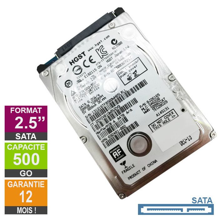 Disque Dur 500Go SATA 2.5 HGST HTS725050A7E630 7200rpm 32Mo