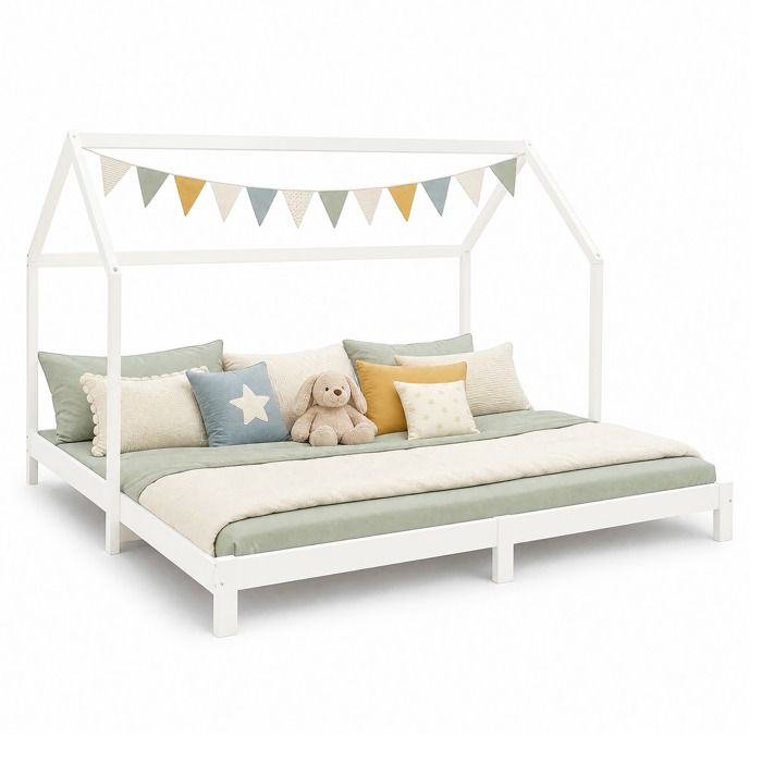 Lit Enfant 90x200 cm Blanc Lit cabane extensible en lit double Lit fonctionnel avec sommier Bois Lit Enfant 90x200 cm Blanc Lit cabane extensible en lit double Lit fonctionnel avec sommier Bois