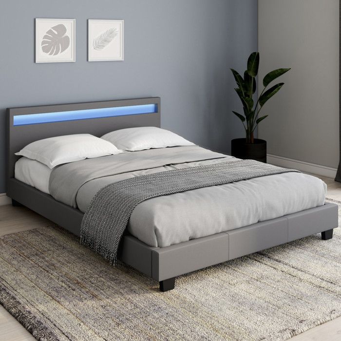 IDMARKET Lit double NEO avec tête de lit LED intégrées et sommier 140 x 190 cm PVC gris