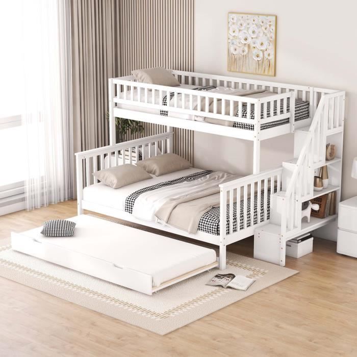 Lit superposé 90x200cm + 140x200cm lit gigogne 90x198cm escalier de rangement cadre en pin blanc Lit superposé 90x200cm + 140x200cm lit gigogne 90x198cm escalier de rangement cadre en pin blanc