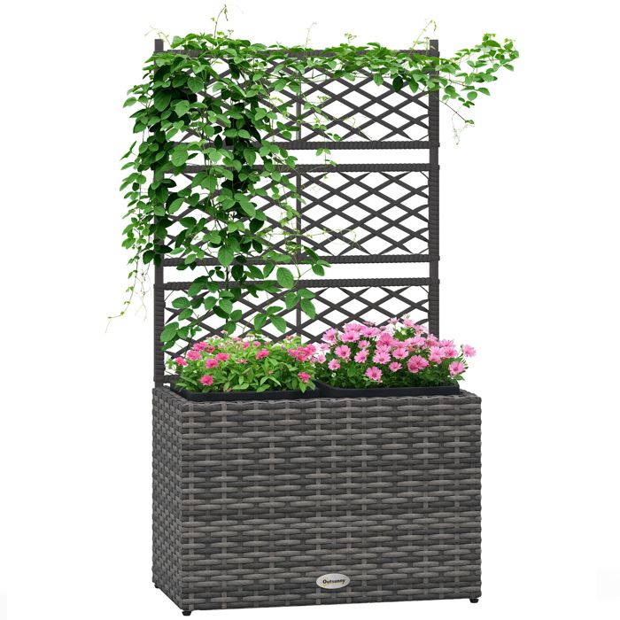 Jardinière Outsunny Résine tressée imitation rotin 57x30x107cm Gris clair