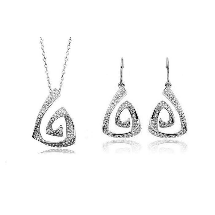 Lot De Bijoux Fantaisie Argenté Avec Coeur Et CZ - Collier + Boucles D'oreilles, Plaqué Argent - Neuf Avec étiquettes