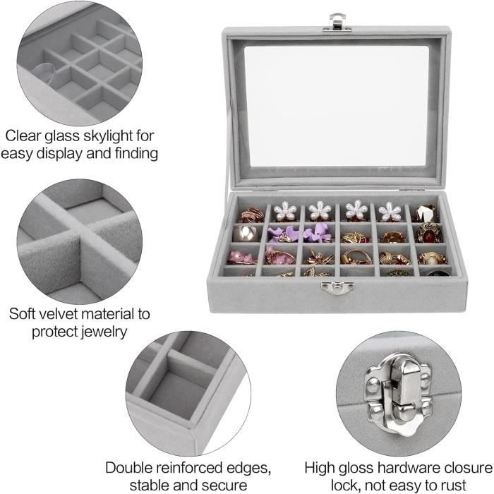 Casiwaft Boîte à Bijoux 24 Compartiments Velours – Couvercle Transparent, Présentoir Luxe Pour Bagues & Colliers