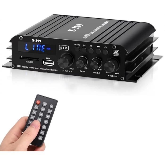Amplificateur Audio 4 Canaux 1600W Max – Avec Bluetooth, Radio FM, USB, SD, Télécommande, Pour Voiture Ou Maison