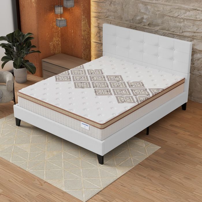 Ensemble MATELAS + LIT (140x200cm)- Errakis 28cm Ressorts ensachés & Mousse HDensité + Sommier stable & tête de lit revêtement