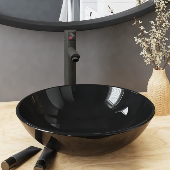 vidaXL Lavabo de bain avec robinet et drain à poussoir Verre trempé 3098452