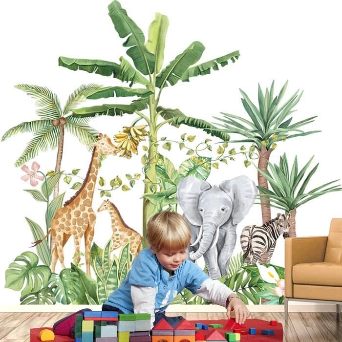 Stickers Muraux Jungle Animaux - Girafe, Palmier - Déco Chambre Enfant - PVC Adhésif Amovible