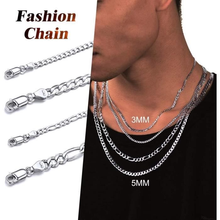 chaine maille figaro 1+1 en argent massif 925 pour homme large 4mm 55cm 60cm eBa