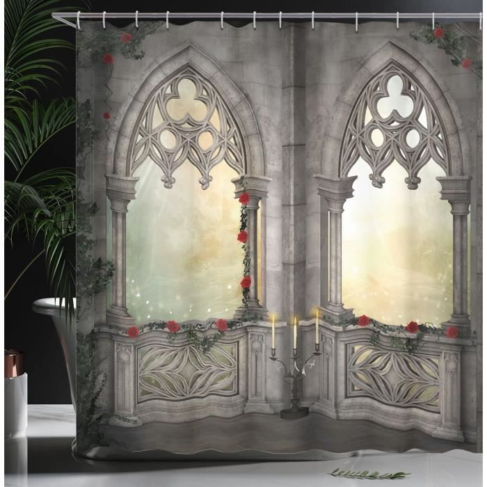 Rideau De Douche Oriental Pastel - 175x180 Cm, Polyester, 12 Crochets Inclus, Blanc Beige Gris - 10