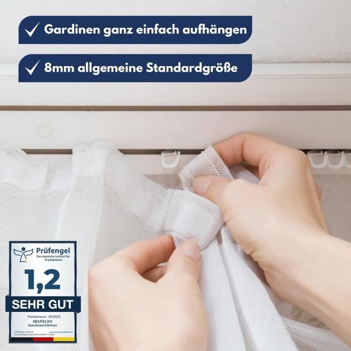 NEUFELD Lot De 120 Roulettes De Rideau Avec 6 Bloqueurs - Taille Standard 8mm Résistantes Au Lavage