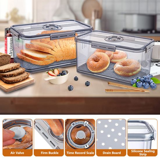 Mini Boîte à Pain Hermétique Gris Avec Valve Air Et Timer – Récipient Cuisine Pour Pain Maison, Toast, Bagel, Biscuits