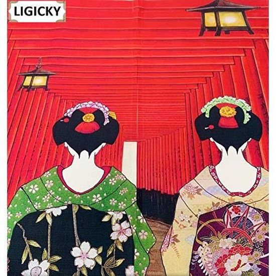LIGICKY Noren Rideau de Porte Long Style Japonais Kyoto Geisha Danse avec Fleurs de Cerisier 85 x 150 cm