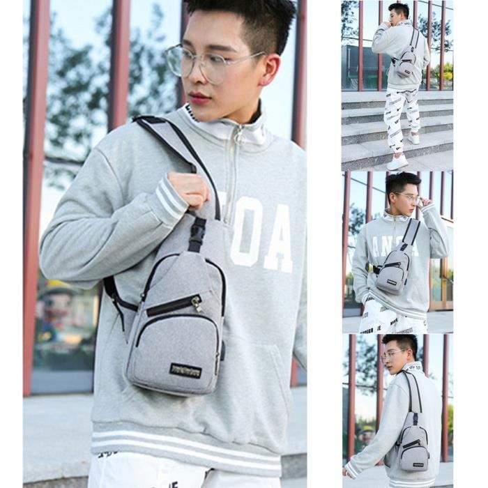 GRIS Sacoche Homme USB Port Travers Sac Poitrine Bandouli re pour Sport Voyage