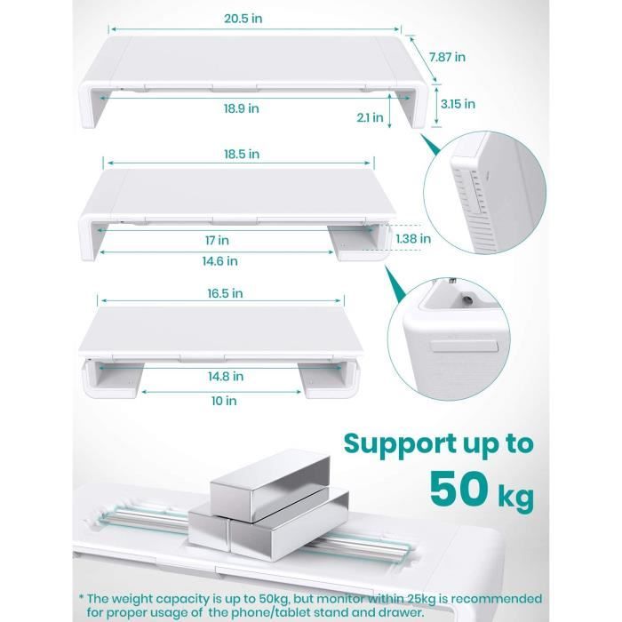 Support moniteur avec tiroir et compartiment de rangement - 50x20cm
