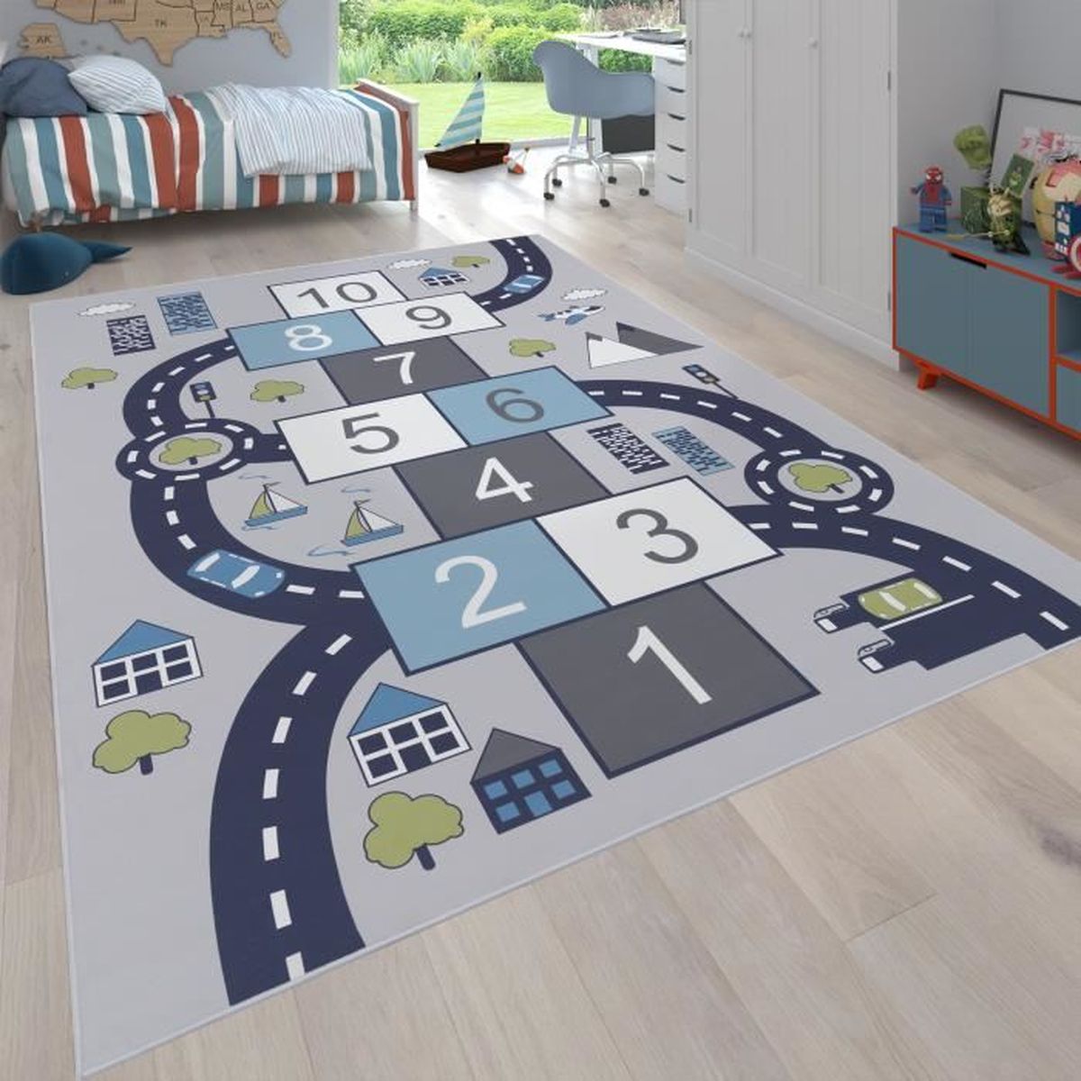 Tissé Machine Polyester Tapis Chambre Enfant TT Home 160cm Rond - Cœurs Pastel Gris Bleu Crème - 100% Polyester Tapis Polyester Oeko-Tex