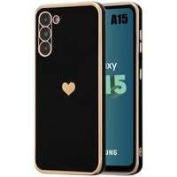 Coque pour Samsung Galaxy A15 5G-4G- Noir - Silicone avec Motif Luxe d’Amour Cœur Plaqué et Doré, Protection Antichoc