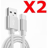 X2 Câble Metal Nylon Renforcé Chargeur USB/Type C 1,5m Tréssé Couleur Argent Compatible Samsung LG Sony Wiko Blackberry Motorola