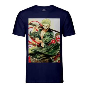 T-SHIRT T-shirt Homme Col Rond Bleu One Piece Zoro Katana Samourai Manga