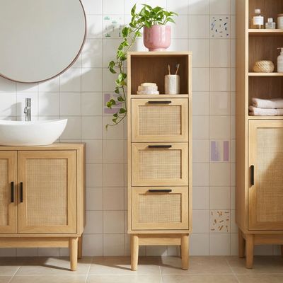 BAÏTA Colonne De Salle De Bain Amana Cannage Rotin Effet Chêne L30cm - Rangement Élégant