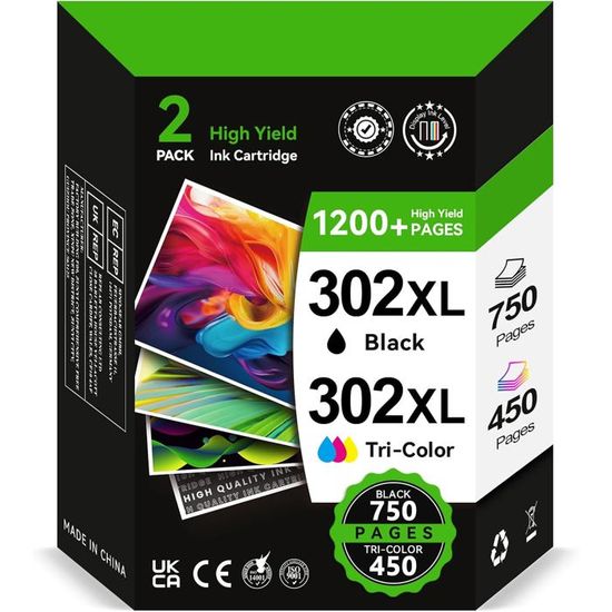Cartouche HP 302 XL Noir Compatible - Lot De 2 - NOPAN-INK - Haute Capacité