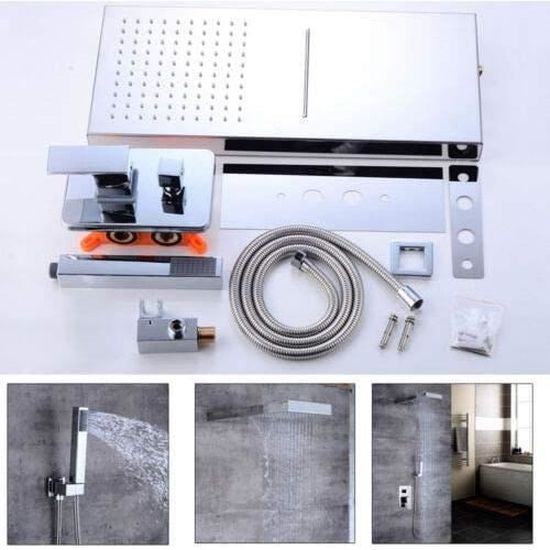 Système de douche encastré avec thermostat-Pommeau de douche-Montage mural-Colonne de douche carrée