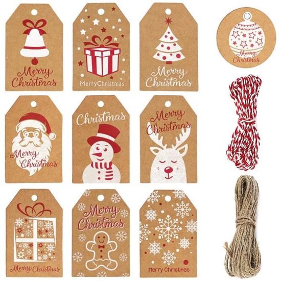 Étiquettes de Noël motifs de Noël enfant sur fond kraft brun naturel