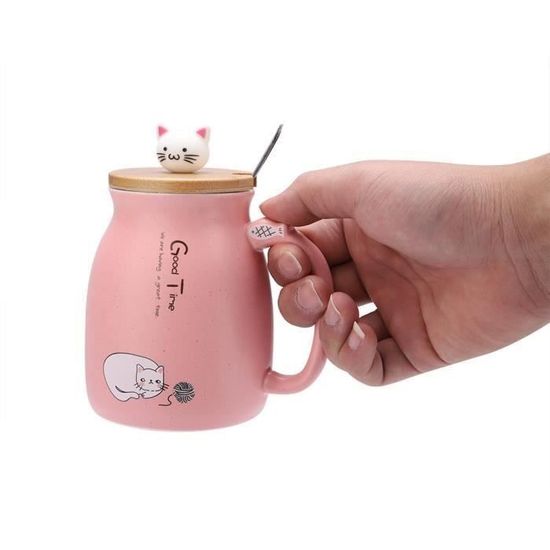 1pc beau chat tasse en céramique avec une cuillère et un couvercle café tasse de lait eau pour cadeau de verres (rose) CHQ673