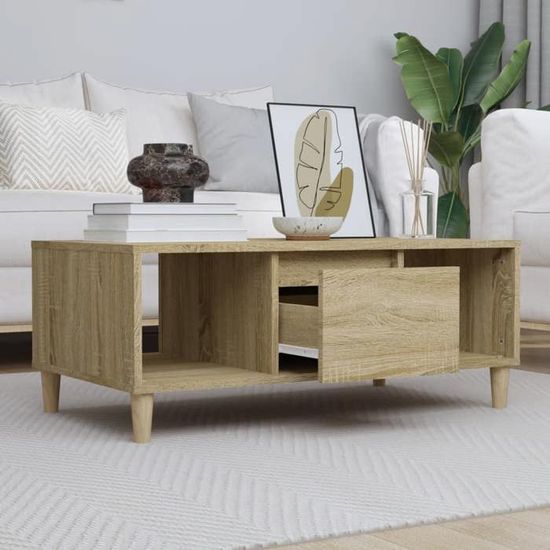 Table Basse Sola En Chêne Sonoma - Avec étagère, Design Scandinave, Dimensions 90x55x43 Cm