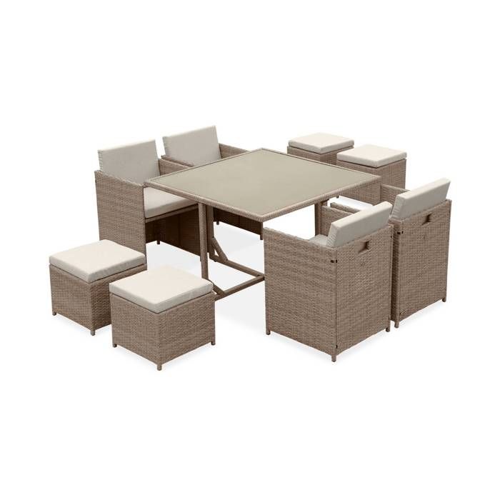 Salon de jardin 4-8 places – Vabo – Coloris beige, Coussins beige, table encastrable