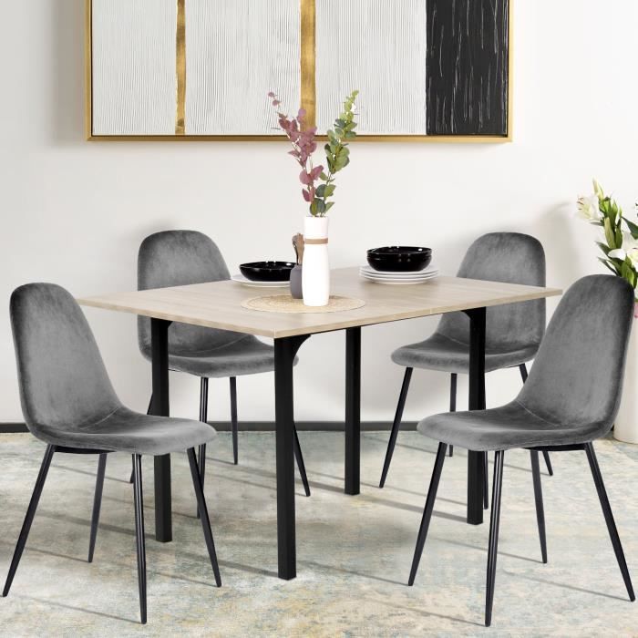 FURNISH1 Ensemble à manger 1 Extensible Table en bois et 4 Chaises Gris velours Design Scandinave