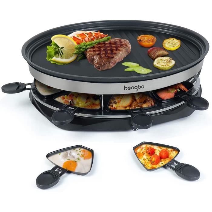 Appareil à Raclette à Température Réglable Inclus : 8 Coupelles, 8 Personnes - 1500W Noir