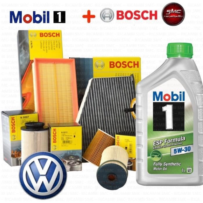 KIT DE VIDANGE 4 FILTRES BOSCH + 5 LT HUILE MOBIL ESP 5W30 MOTEURS BLS BXE BKCVW GOLF V (1K1) 2.0 TDI 125 KW 170 CH