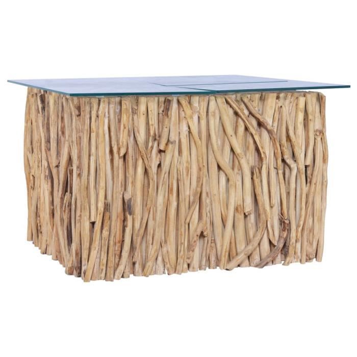 Table basse avec dessus en verre 66x66x40cm Bois de teck massif -VQU