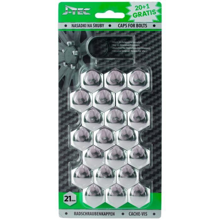 J-Tec bouchons d'écrous de roue 21 mm chrome synthétique 20+1 pièces