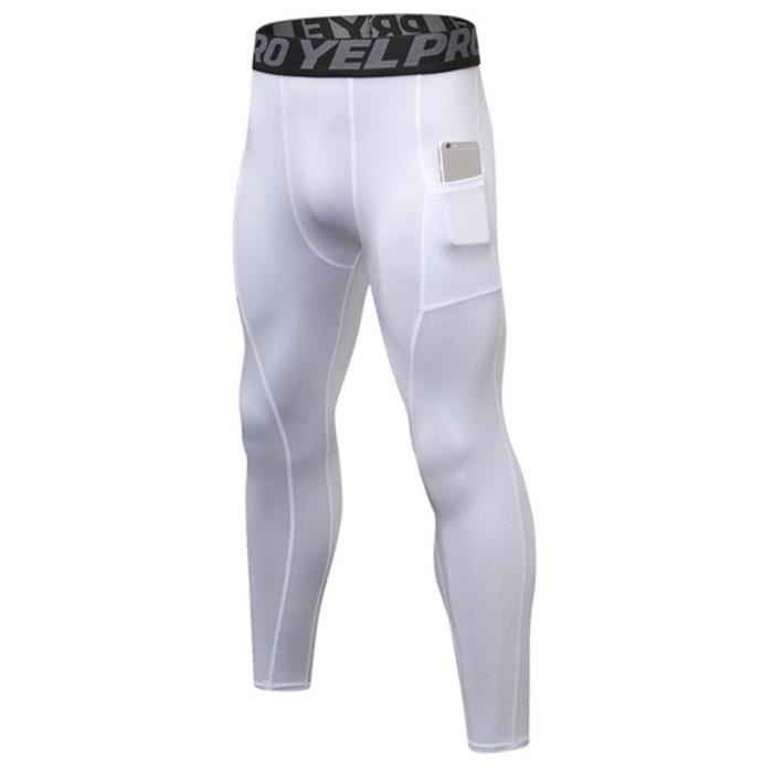 Pantalons de Compression pour Hommes Collants de Sport Leggings Course Séchage Rapide Pantalons de Sport pour Poche Blanc