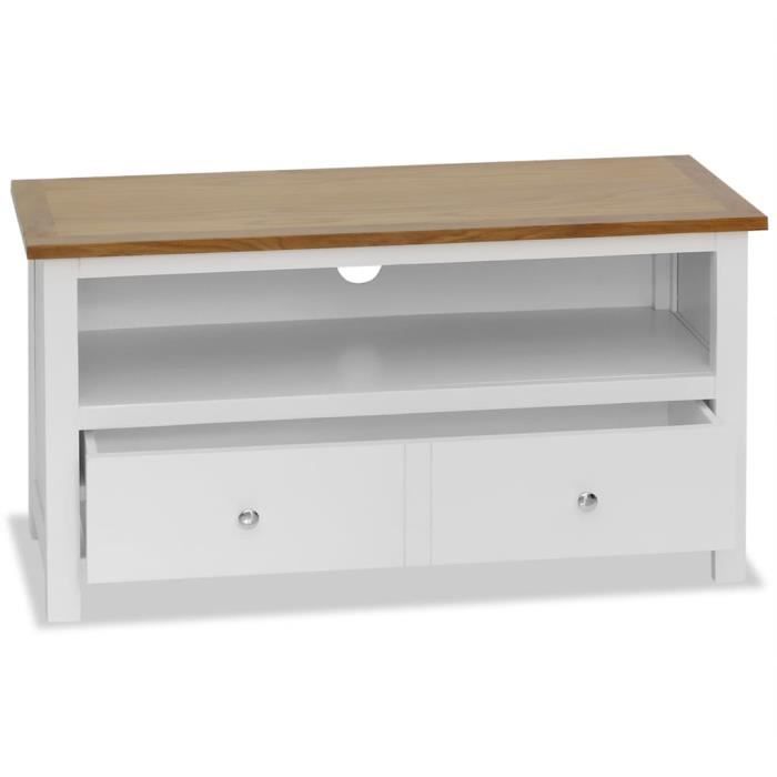 PRIMEL Meuble TV 90x35x48 cm Avec 1 tiroir et 1 compartiment blanc et marron Bois de chêne massif MDF
