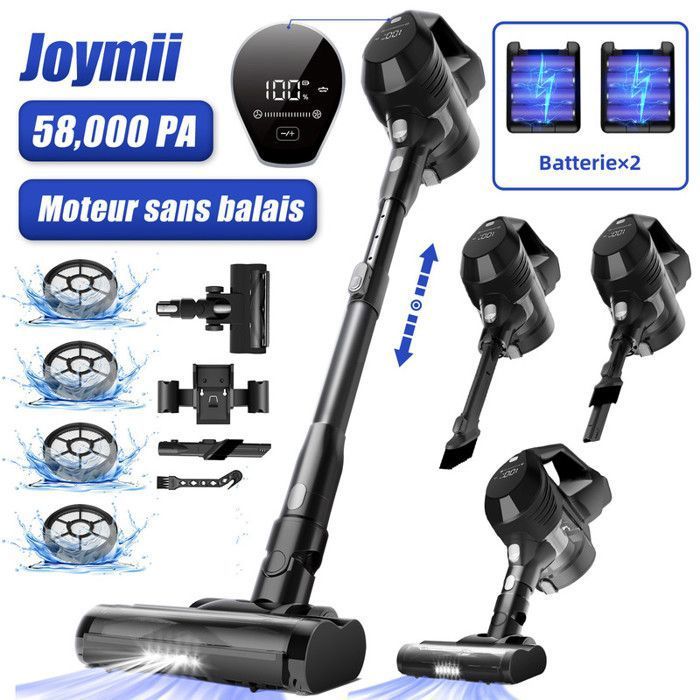 Aspirateur Balai Sans Fil 58000Pa 520W Puissant Batterie 55mins x 2 110mins dAutonomie Système de Cyclone à 8 Cônes dAir