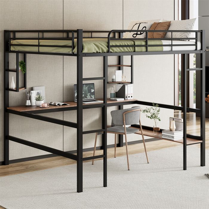 DRIPEX Lit Superposé 140x200cm en fer avec bureau et étagères de rangementlit surélevé pour enfantsadolescentsadultesNoir