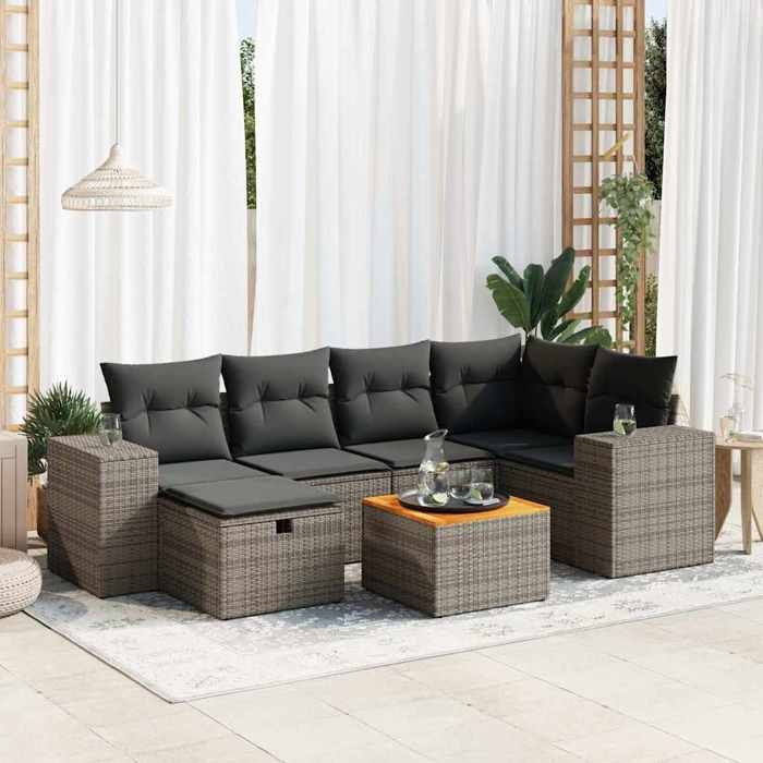 vidaXL Salon de jardin avec coussins 7 pcs résine tressée ensemble de canapés d'extérieur ensemble de canapé d'angle 3325875