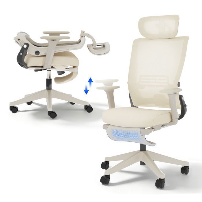 FlexiSpot Chaise de Bureau Ergonomique Chaise Pliante avec Support Lombaire Appui-Tête 2D Chaises avec Repose-Pieds Beige