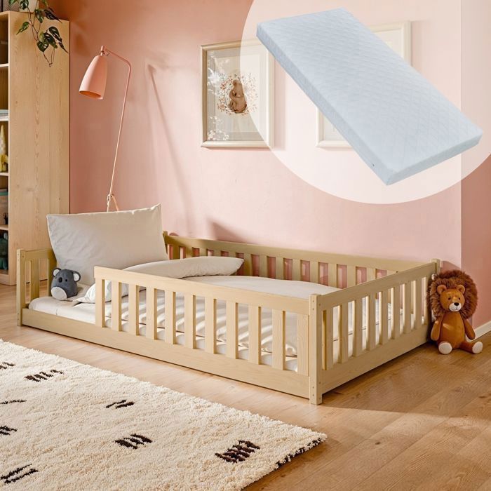 Lit au sol avec matelas et sommier 120x200 cm - Lit Montessori pour enfant - Lit simple en bois massif fille garçon - Bois Naturel