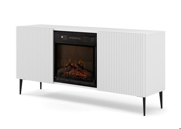 Meuble TV RAVENNA 2D 170 cm avec cheminée électrique blanc mat Meuble TV RAVENNA 2D 170 cm avec cheminée électrique blanc mat
