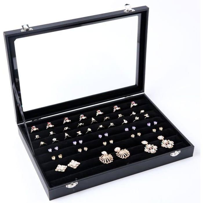 Boîte à bijoux en velours noir avec couvercle en verre – Boîte à bijoux avec couvercle en verre transparent pour bagues 35x24 cm