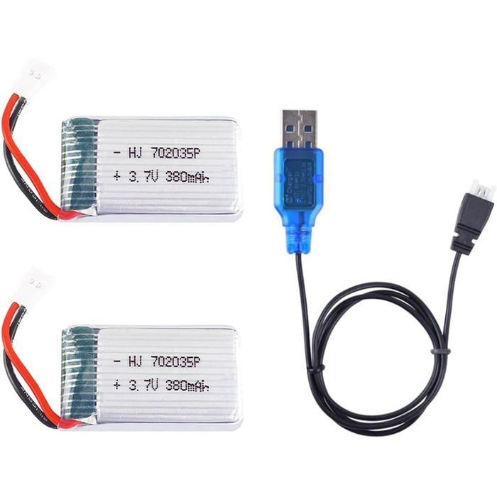 Lot de 2 Batteries LiPo 37V 380mAh avec Câble USB – Compatibles Hubsan X4 H107c H107d H107L Syma X11 X11C HS170