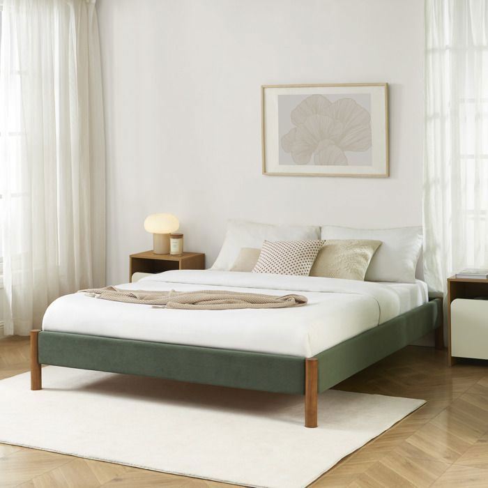 Lit BOWI velours côtelé kaki 160x200 sommier inclus Lit BOWI velours côtelé kaki 160x200 sommier inclus