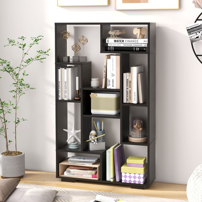 Bibliothèque Géométrique 120 cm COSTWAY Etagères Ouvertes Etagère de Rangement Autoportante avec Kits Anti-basculement Noir